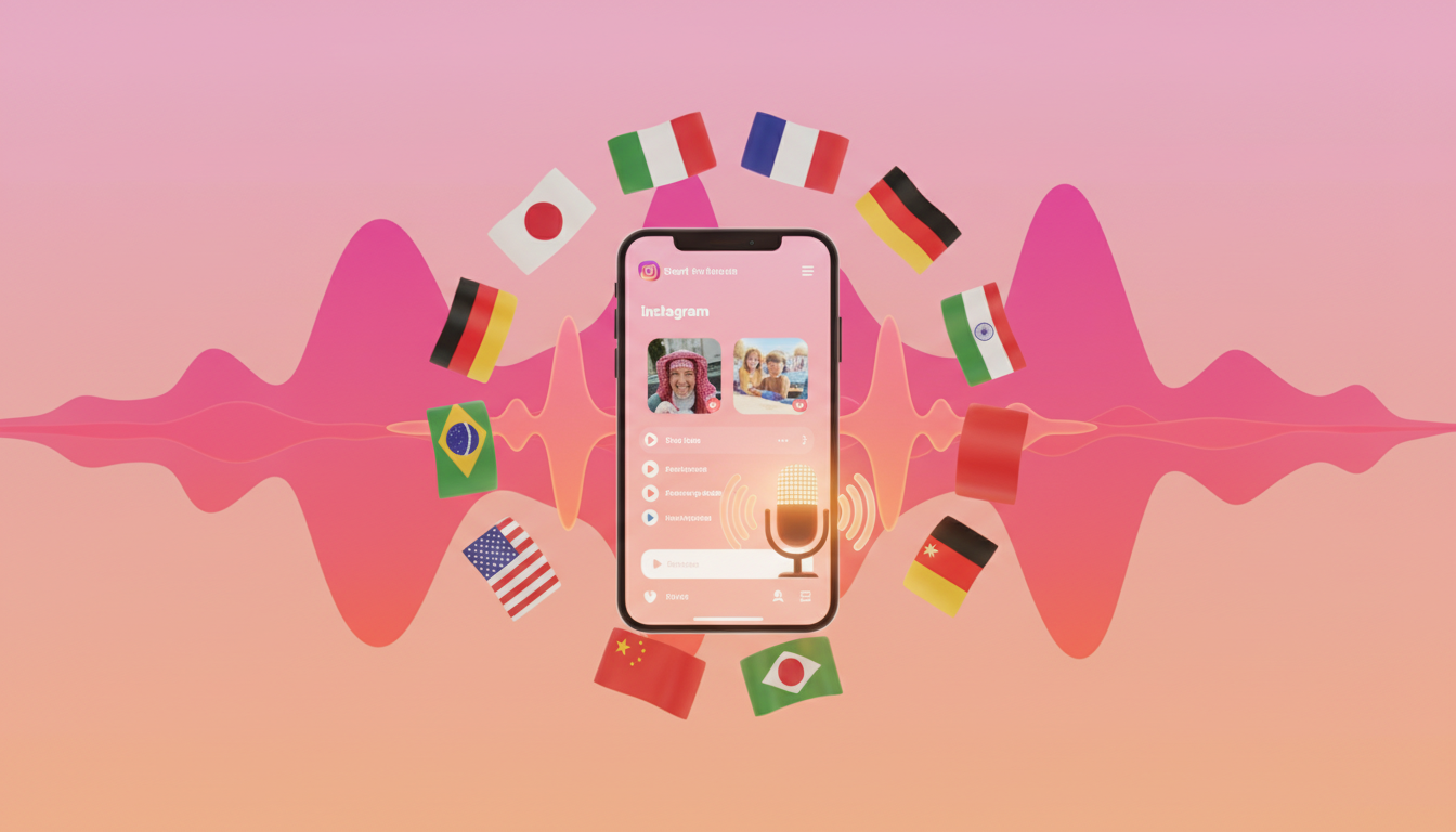 Reels com dublagem automática e ícones de múltiplos idiomas