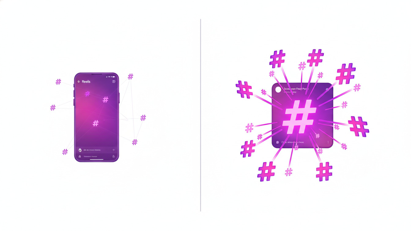 Diferença de impacto de hashtags em Reels versus posts de feed no Instagram
