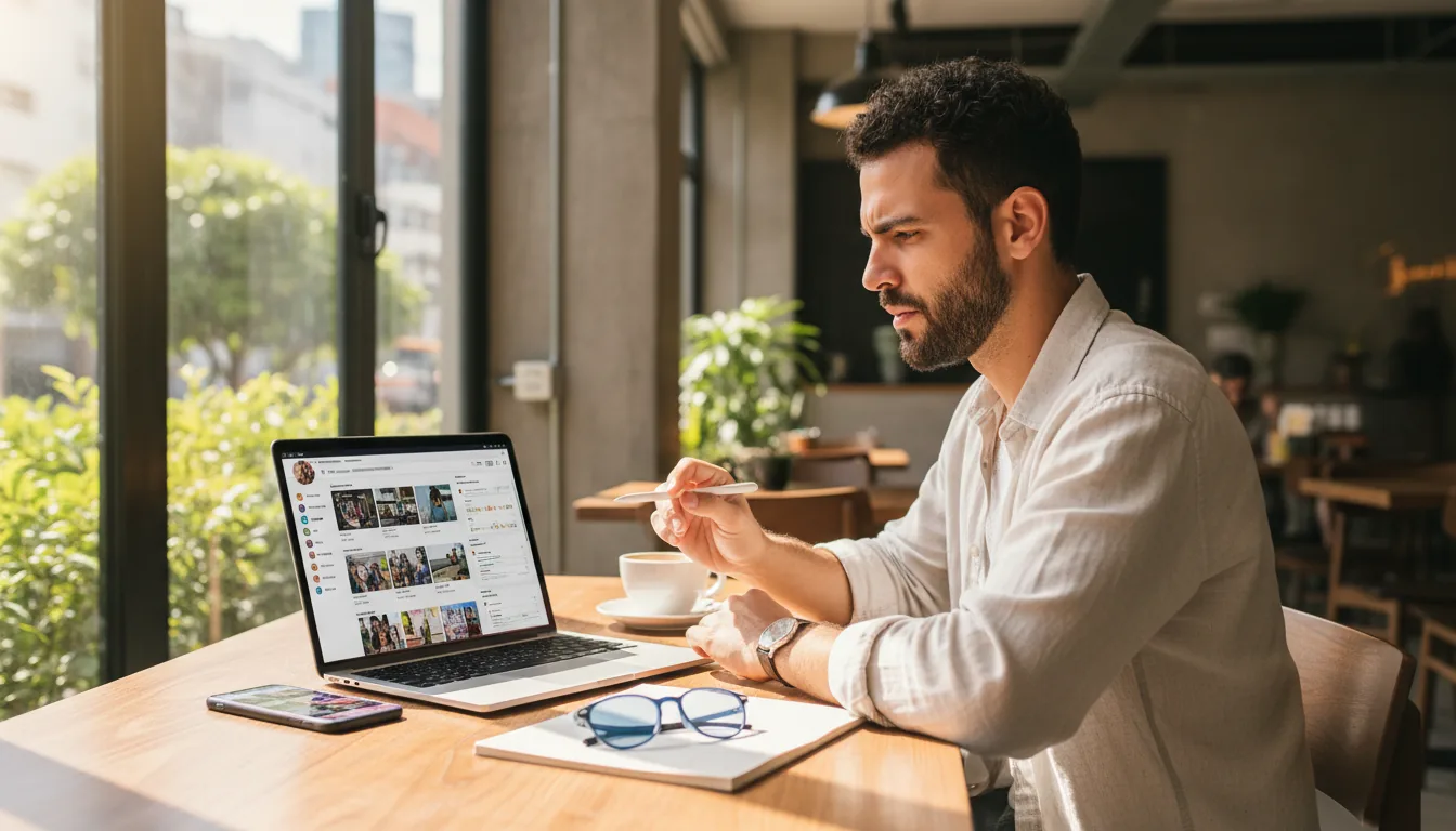 Empreendedor brasileiro gerenciando redes sociais com conteúdo de Instagram aberto no laptop