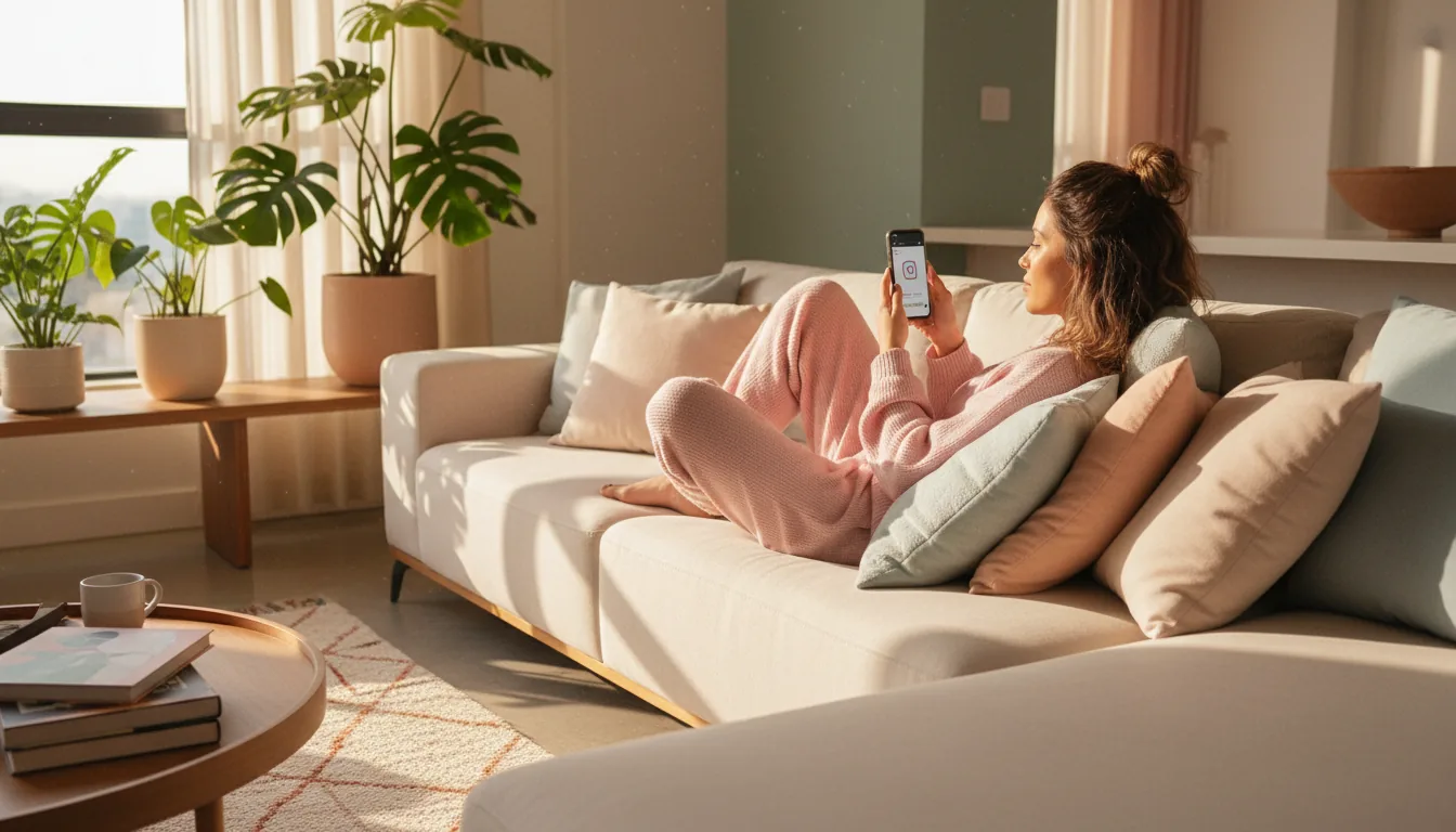 Brasileira navegando pelo Instagram Stories em casa — consumo de conteúdo em Stories no dia a dia