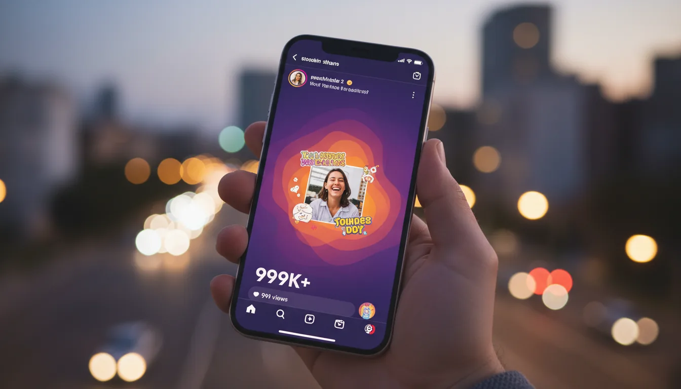 Smartphone mostrando Instagram Stories com contador de visualizações alto — views automáticas reais